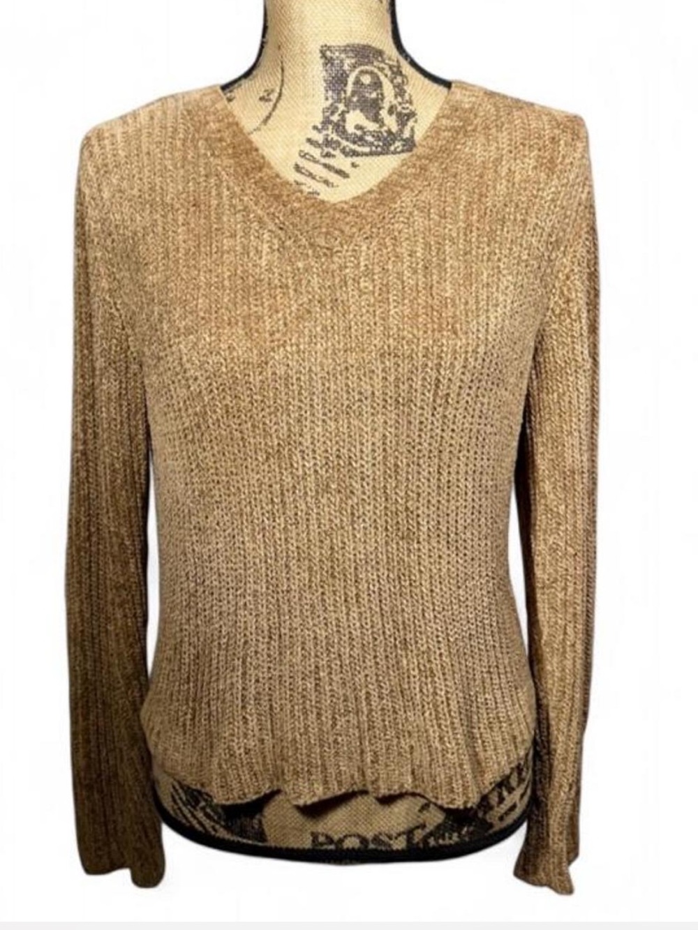 A Line Anne Klein Vintage 90’s Chenille V-Neck Sweater Tan Brown Rayon Medium